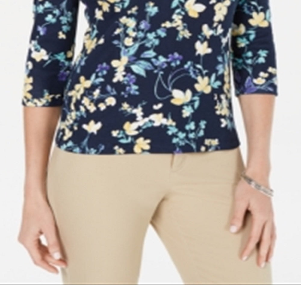Karen Scott Blusa Henley Feminina de Algodão com Estampa Floral Azul Azul Tamanho Pequeno G