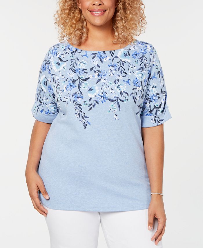 Camiseta feminina Karen Scott com decote canoa e estampa floral, tamanho 0X, azul