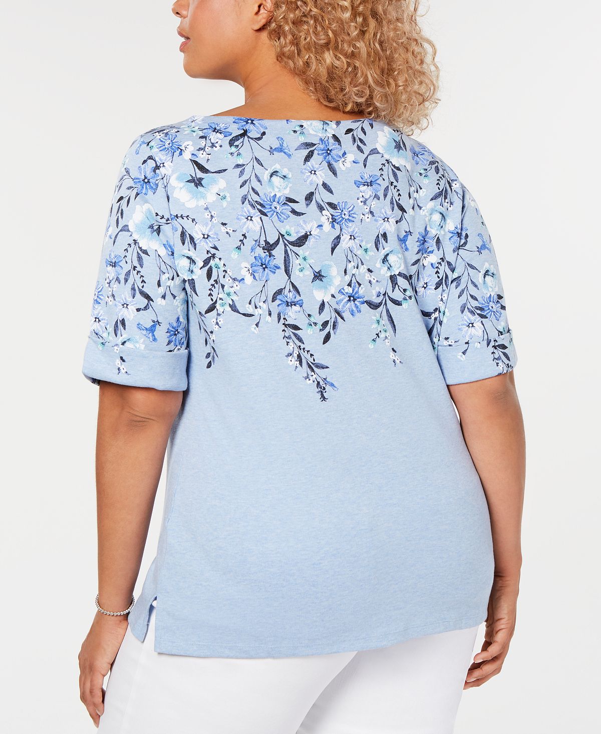 Camiseta feminina Karen Scott com decote canoa e estampa floral, tamanho 0X, azul