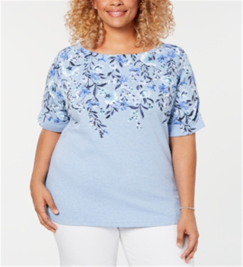 Camiseta feminina Karen Scott com decote canoa e estampa floral, tamanho 0X, azul
