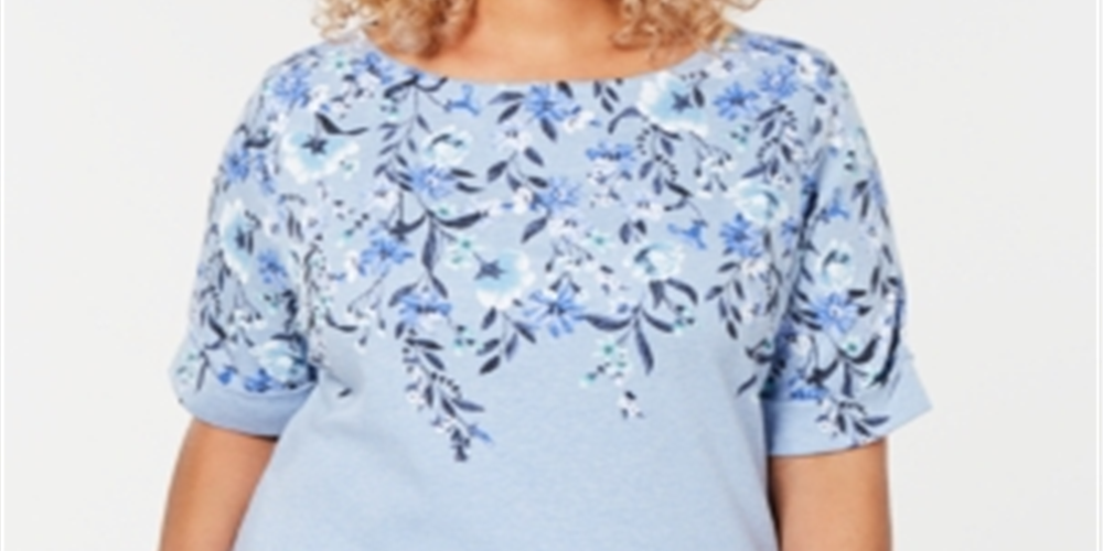Camiseta feminina Karen Scott com decote canoa e estampa floral, tamanho 0X, azul