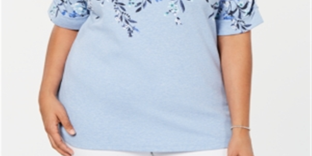Camiseta feminina Karen Scott com decote canoa e estampa floral, tamanho 0X, azul