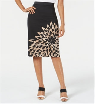 Saia lápis feminina Alfani, elástica, com zíper, fenda, forro, floral, comprimento até o joelho, para usar no trabalho, preta, tamanho pequeno