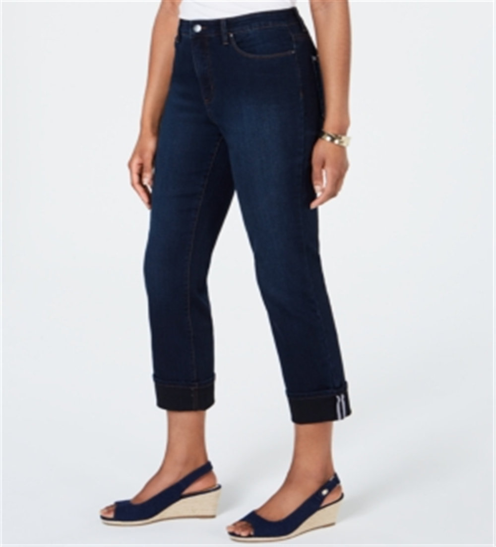 Calça jeans feminina Charter Club com controle de barriga e punho, azul escuro, tamanho 16