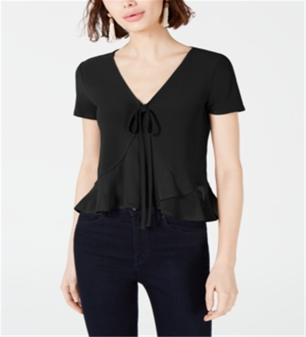 Blusa feminina Bar III com amarração frontal e técnica mista, preta, tamanho médio