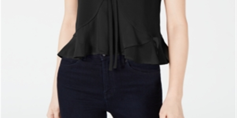 Blusa feminina Bar III com amarração frontal e técnica mista, preta, tamanho médio