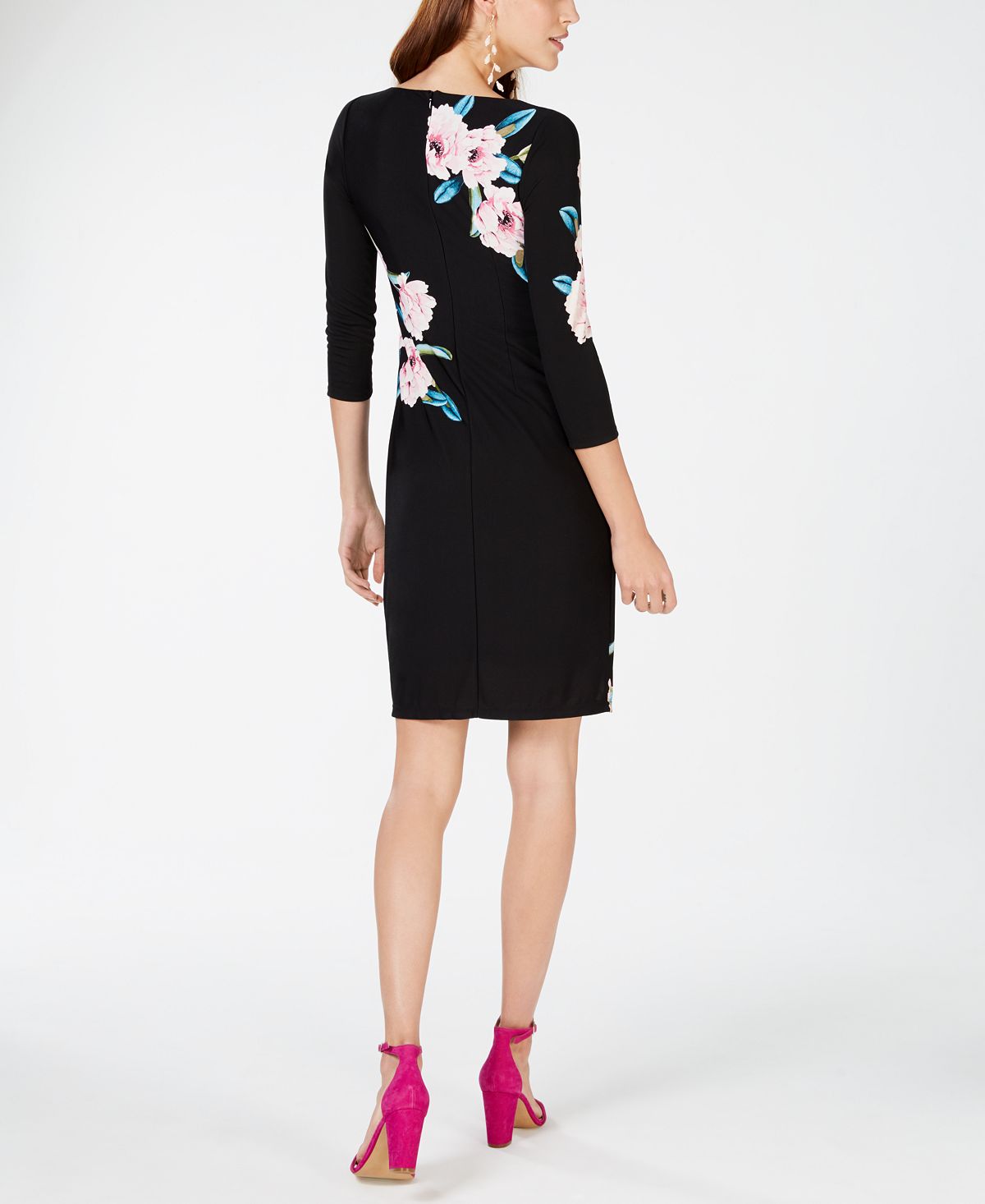 Vestido tubinho floral de manga comprida feminino INC International Concepts, preto, tamanho pequeno