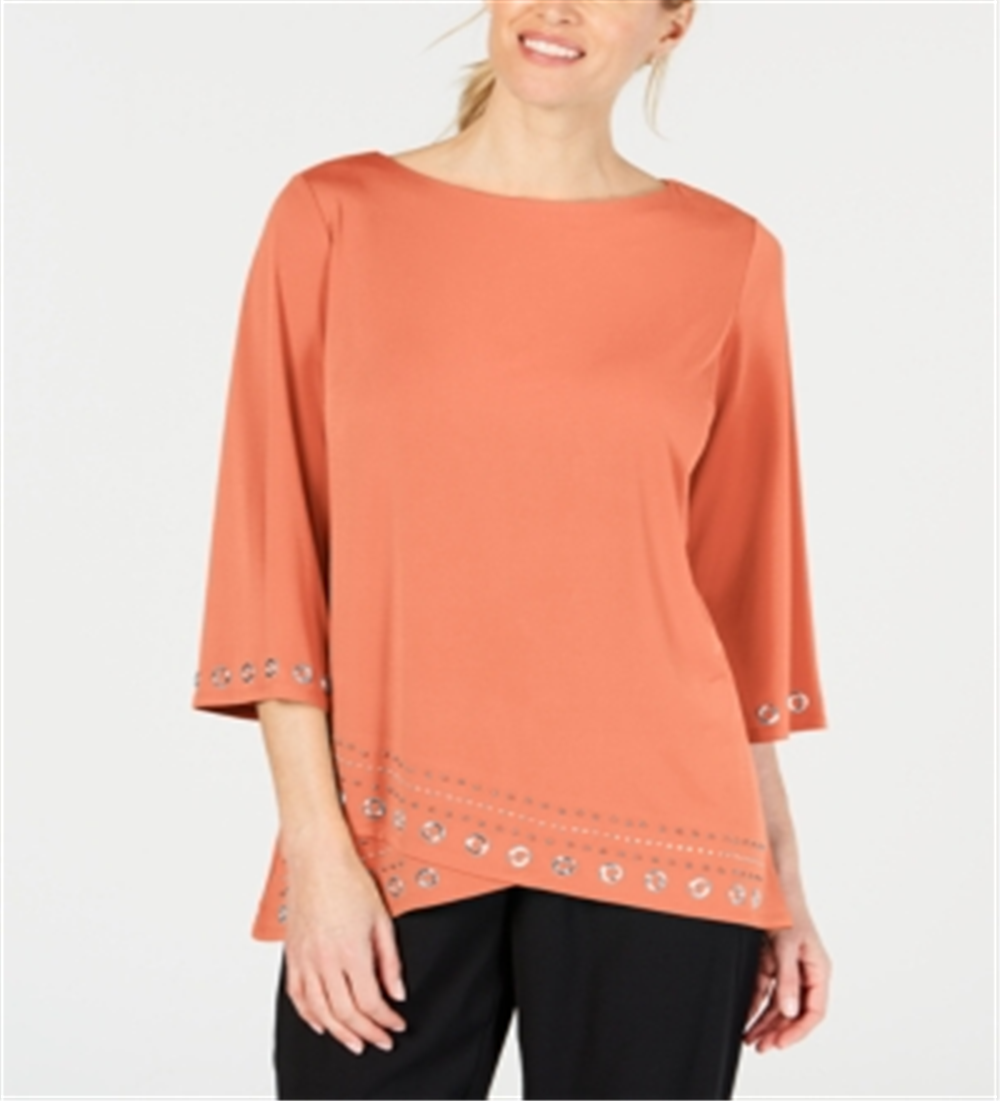 JM Collection Top feminino com decote canoa e detalhes laranja, tamanho grande