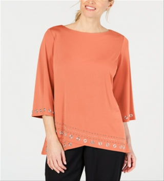 JM Collection Top feminino com decote canoa e detalhes laranja, tamanho grande