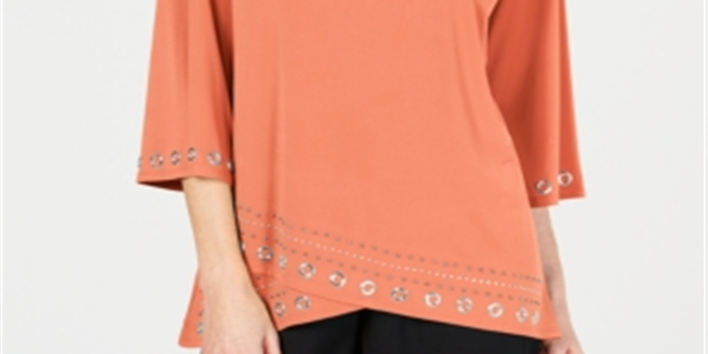 JM Collection Top feminino com decote canoa e detalhes laranja, tamanho grande