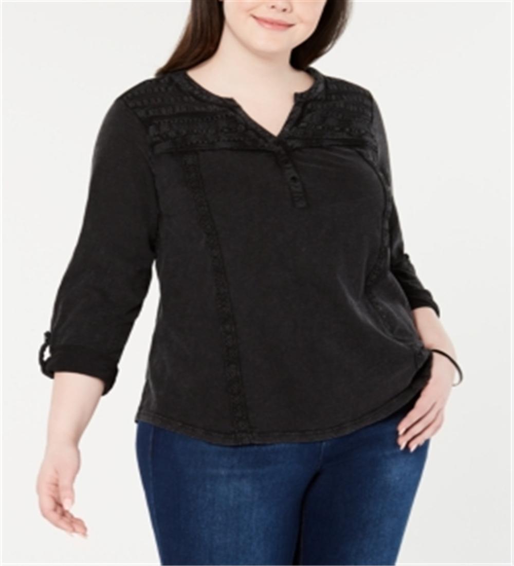 Top feminino de crochê com decote aberto e acabamento em crochê, preto, tamanho 0X