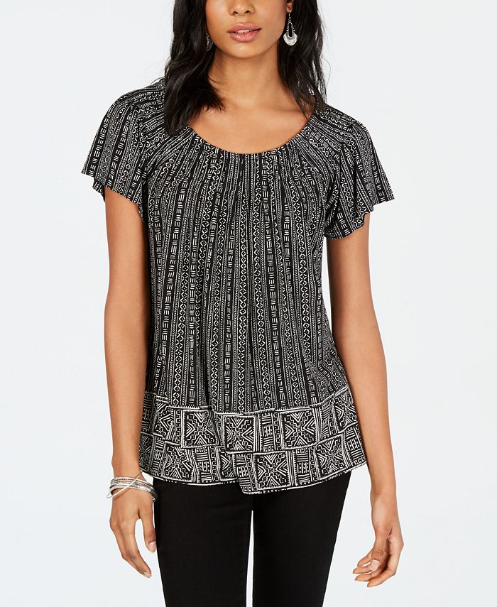 Blusa plissada com decote redondo estampada feminina Style &amp; Co, preta, tamanho pequeno