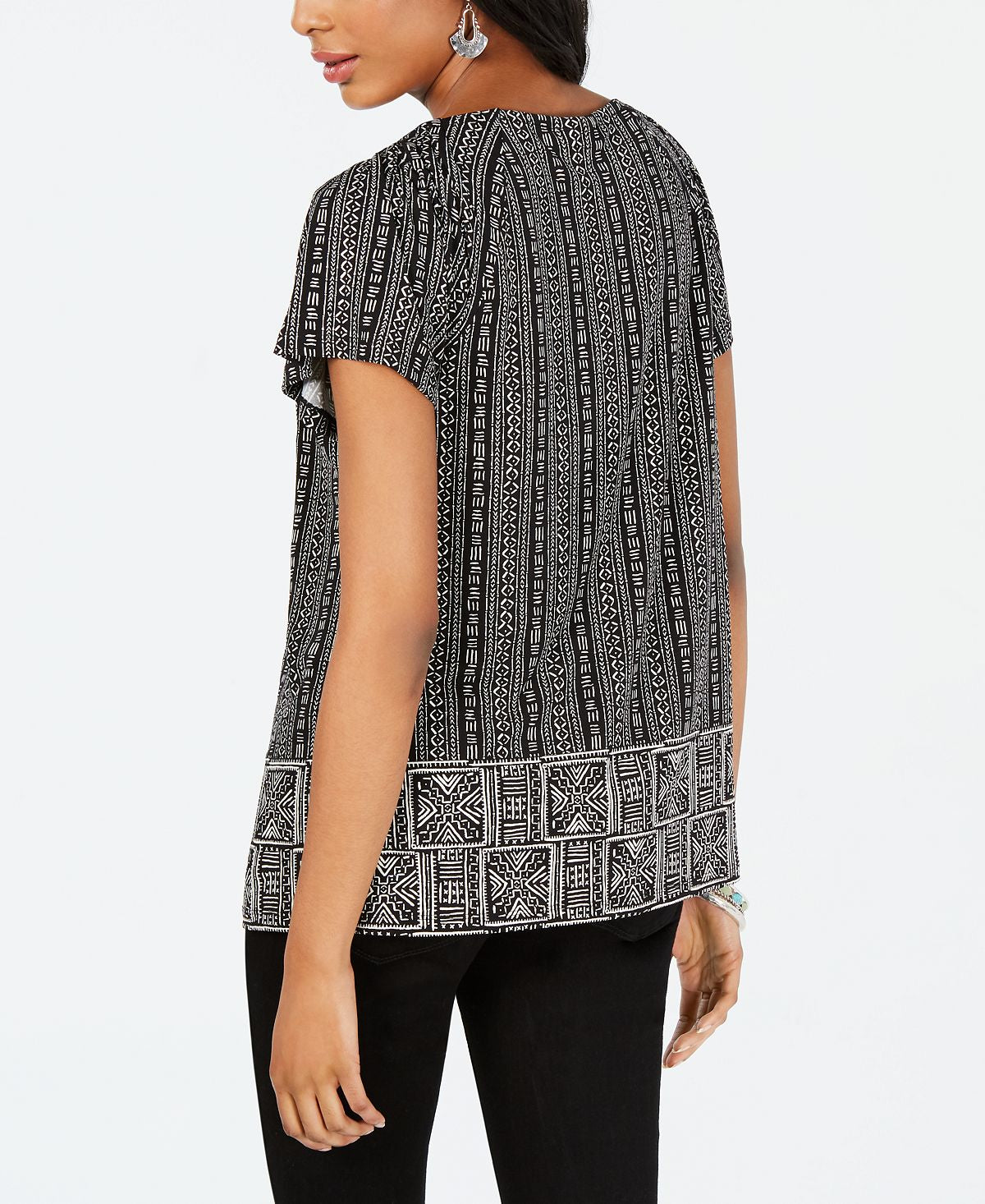 Blusa plissada com decote redondo estampada feminina Style &amp; Co, preta, tamanho pequeno