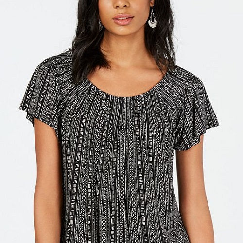 Blusa plissada com decote redondo estampada feminina Style &amp; Co, preta, tamanho pequeno