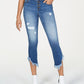 Calça jeans feminina INC International Concepts com franjas curvas e botões na frente, perna reta, azul, tamanho 16