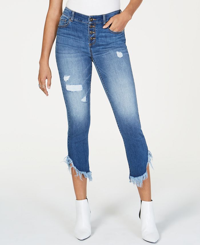 Calça jeans feminina INC International Concepts com franjas curvas e botões na frente, perna reta, azul, tamanho 16