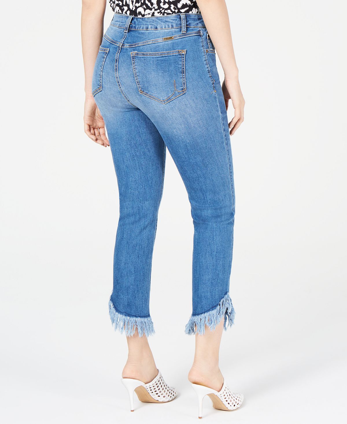 Calça jeans feminina INC International Concepts com franjas curvas e botões na frente, perna reta, azul, tamanho 16