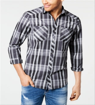 Camisa xadrez masculina de algodão Aaron da INC International Concepts com botões - preta, tamanho X-S