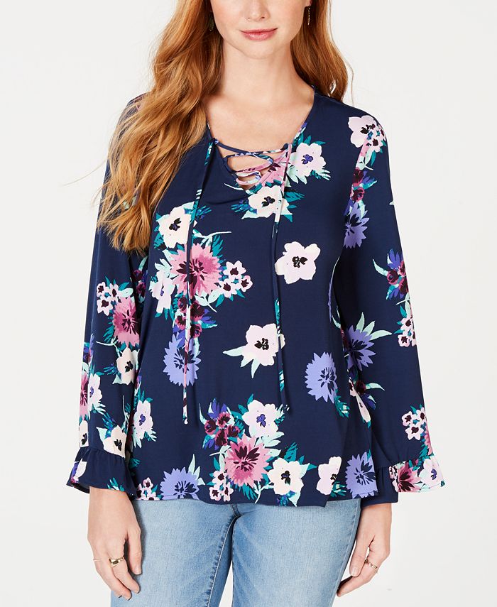 Top de renda com estampa floral feminino Style &amp; Co, azul, tamanho médio