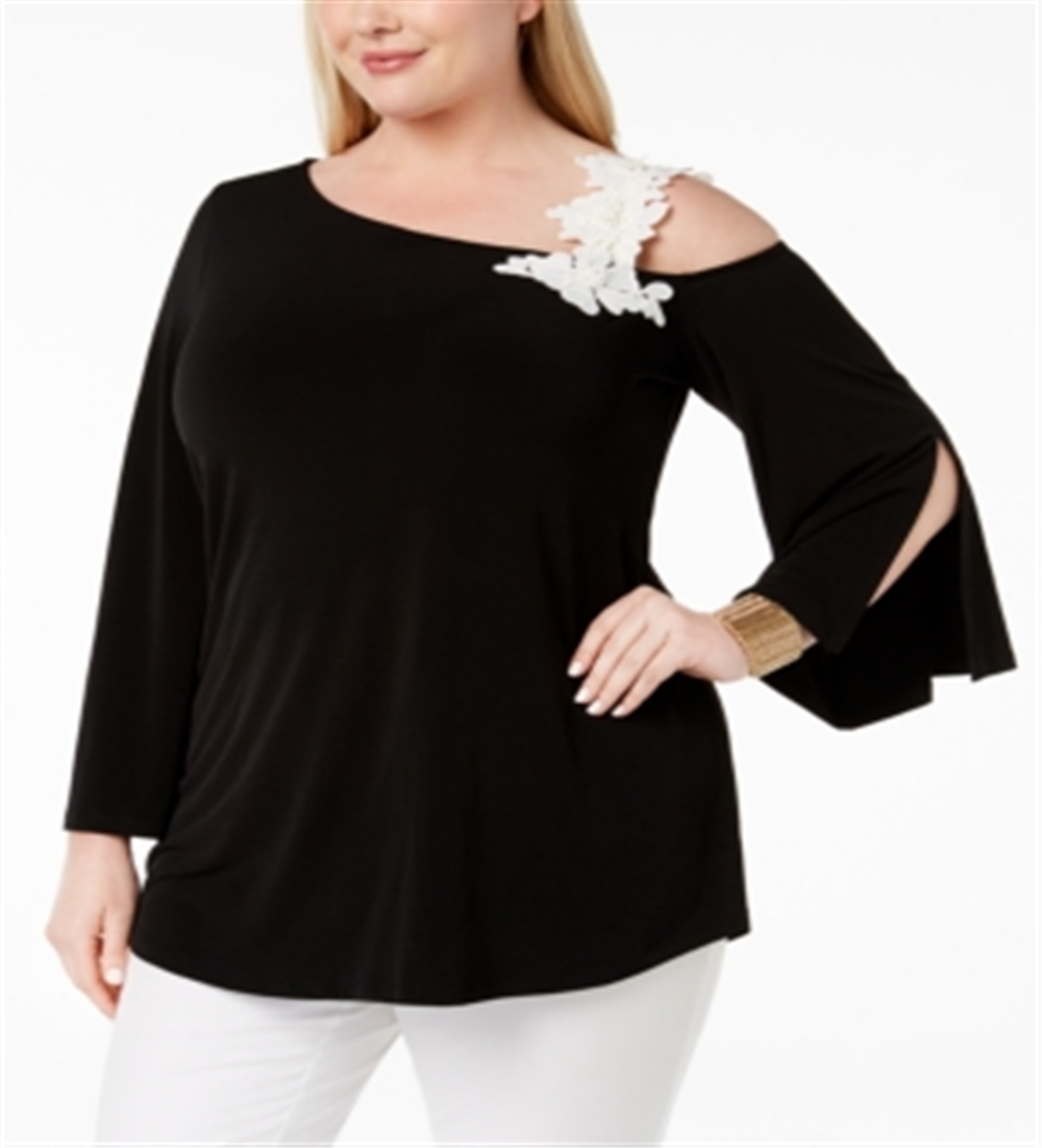 Blusa feminina Alfani com apliques de um ombro só, preta, tamanho 4X