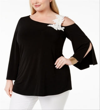 Blusa feminina Alfani com apliques de um ombro só, preta, tamanho 4X