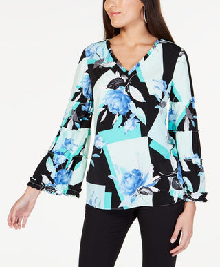 Blusa Alfani Feminina Aqua com Babados e Estampa Manga Longa e Gola V, Preta, Tamanho X-G