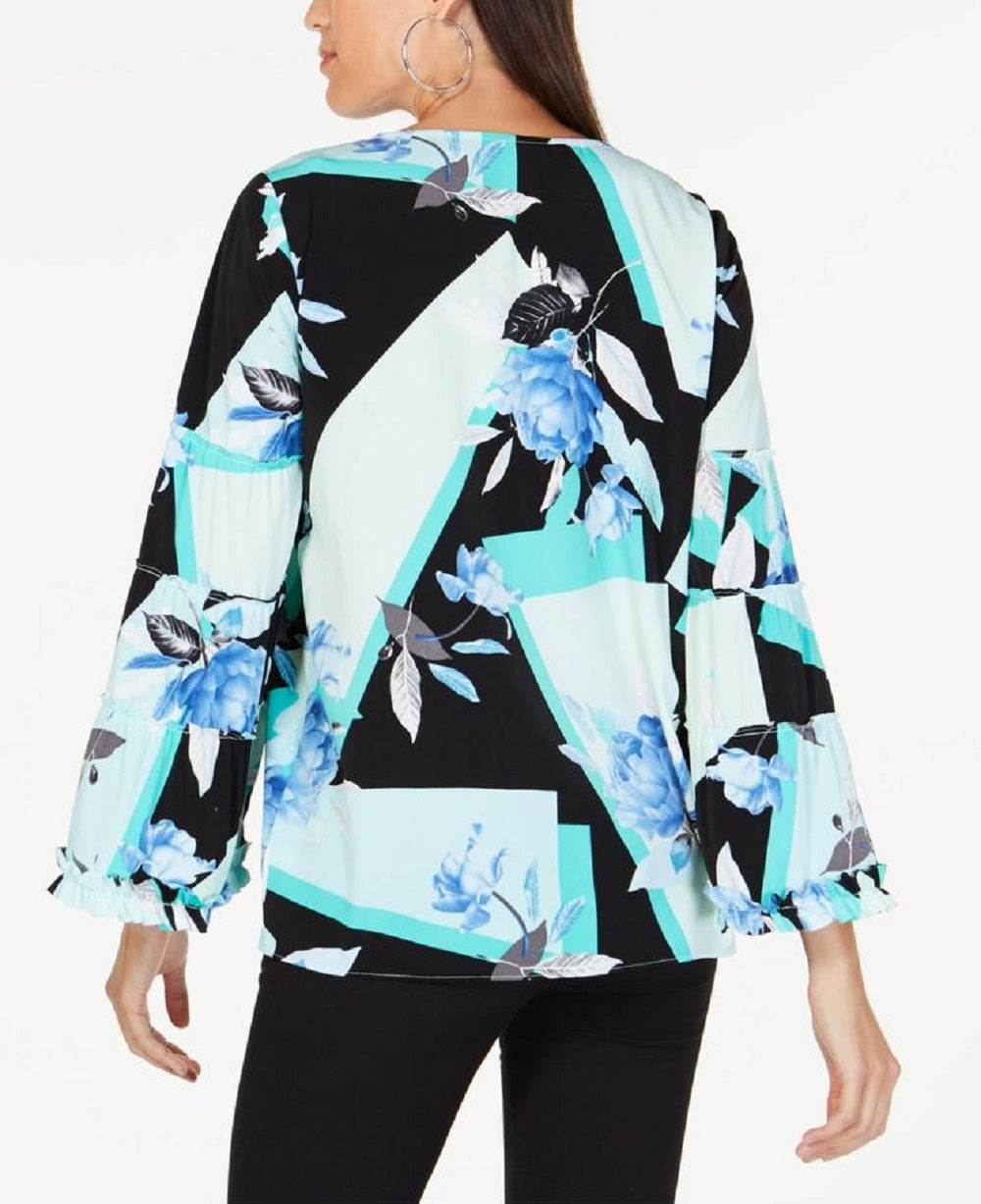 Blusa Alfani Feminina Aqua com Babados e Estampa Manga Longa e Gola V, Preta, Tamanho X-G