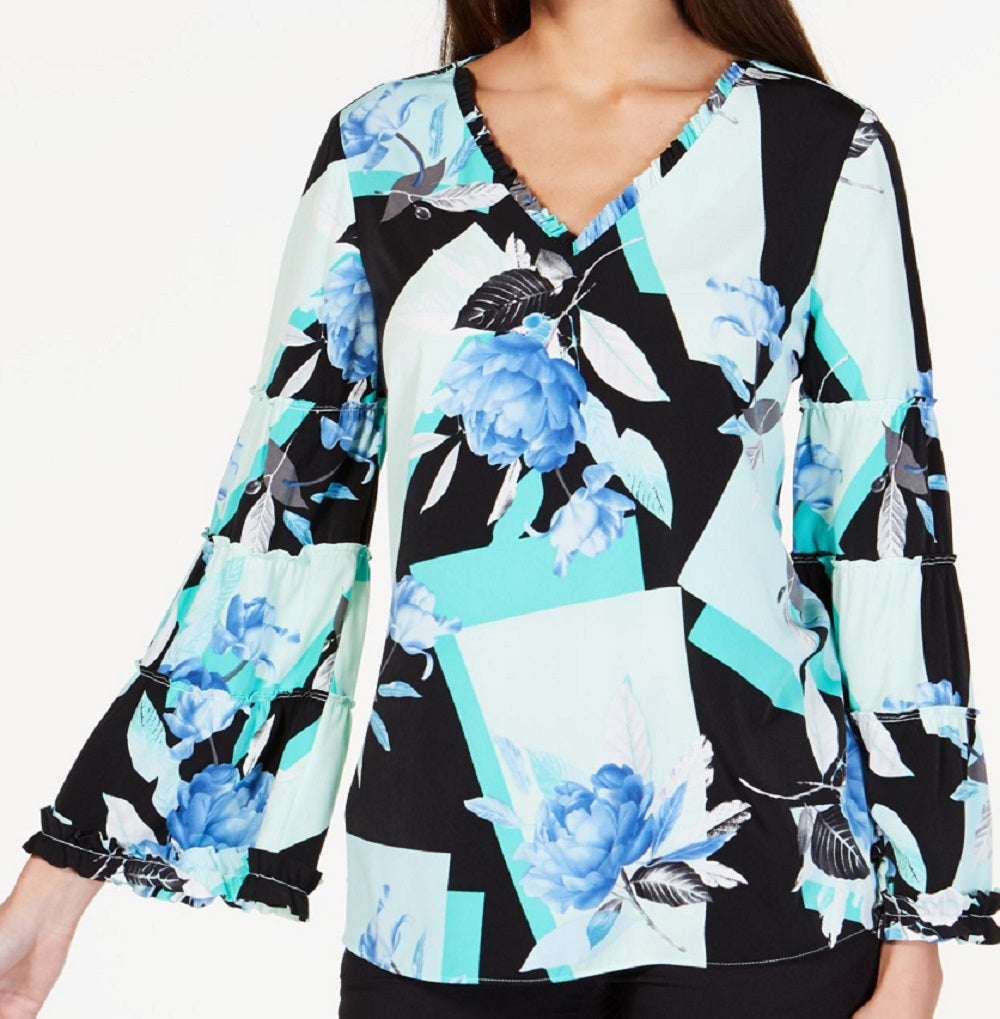 Blusa Alfani Feminina Aqua com Babados e Estampa Manga Longa e Gola V, Preta, Tamanho X-G