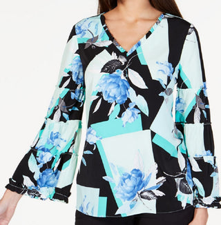Blusa Alfani Feminina Aqua com Babados e Estampa Manga Longa e Gola V, Preta, Tamanho X-G