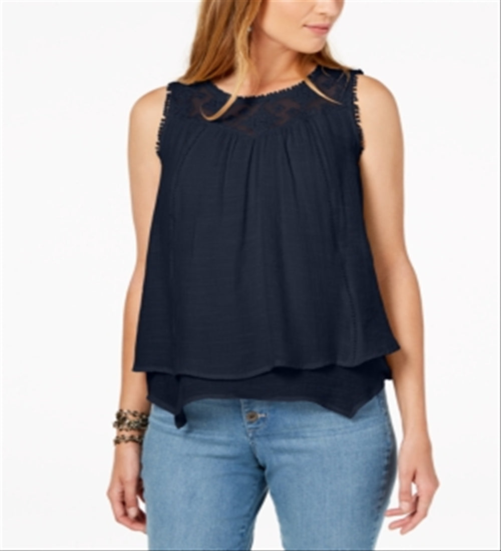 Top masculino com bainha em camadas e acabamento em renda, azul, tamanho pequeno G, da Style &amp; Co