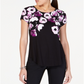 Camiseta feminina Alfani estampada com bainha redonda, preta, tamanho pequeno P
