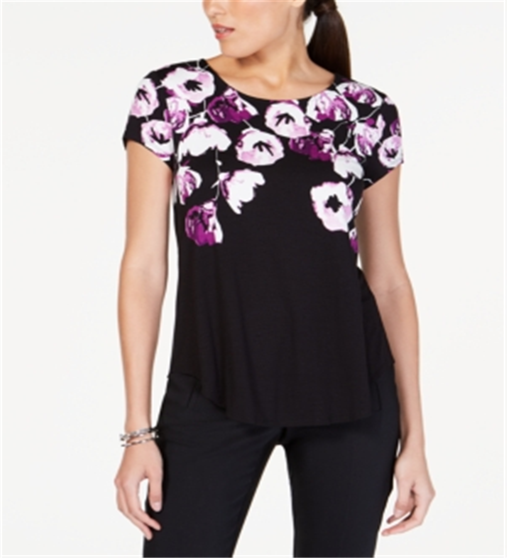 Camiseta feminina Alfani estampada com bainha redonda, preta, tamanho pequeno P