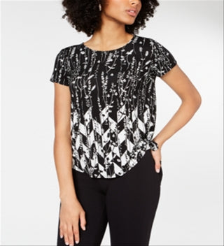 Camiseta feminina Alfani estampada com bainha redonda, preta, tamanho pequeno médio