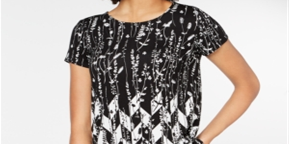 Camiseta feminina Alfani estampada com bainha redonda, preta, tamanho pequeno médio