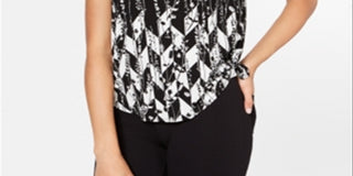 Camiseta feminina Alfani estampada com bainha redonda, preta, tamanho pequeno médio