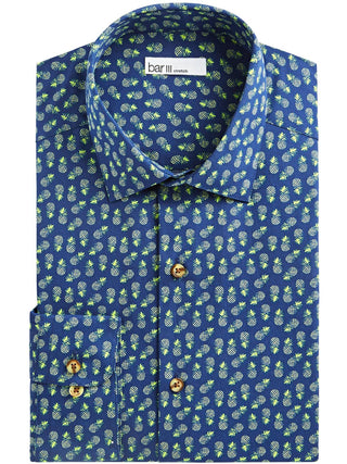 Bar III Men's Max Slim Fit Print Button Down Shirt Blue Size 15.5X-32-33