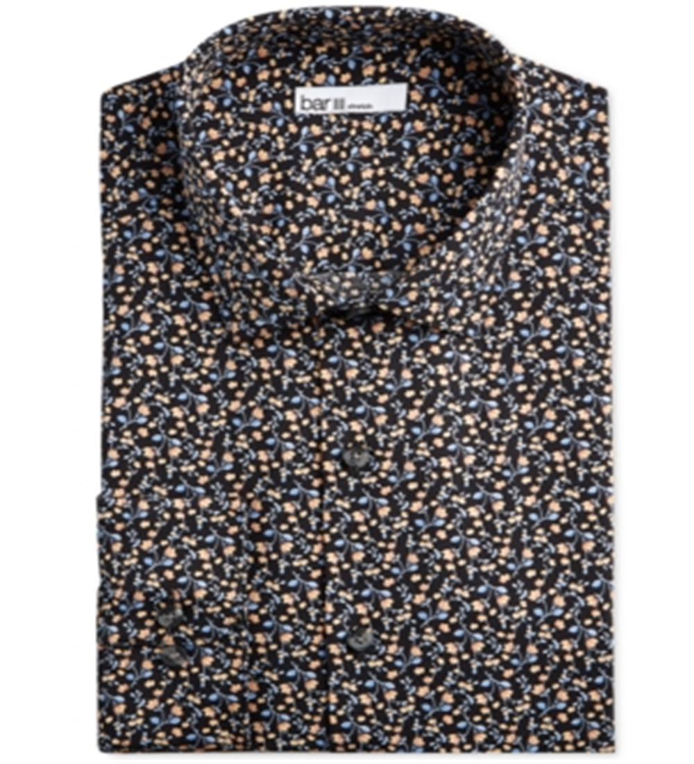 Camisa masculina Bar III Slim Fit com botões florais, preta, tamanho P