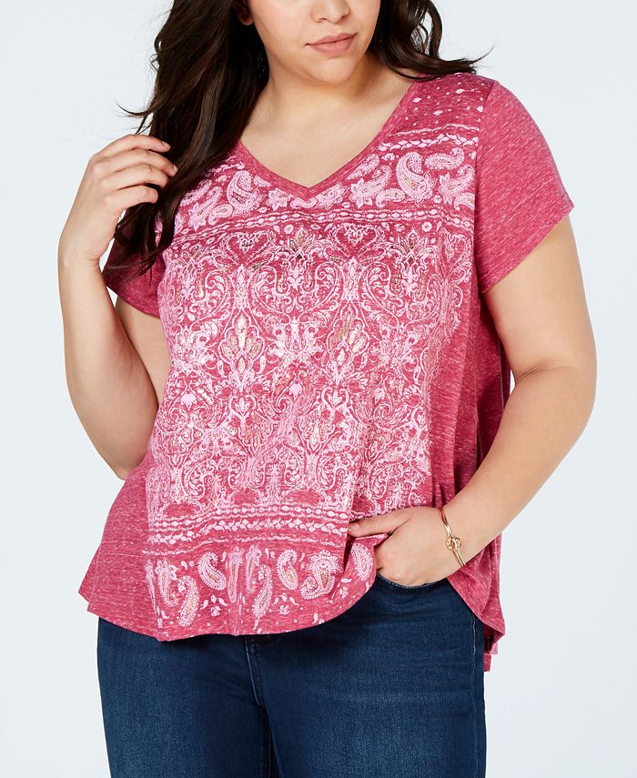 Camiseta feminina estampada plus size manga curta estilo &amp; co rosa tamanho 0X