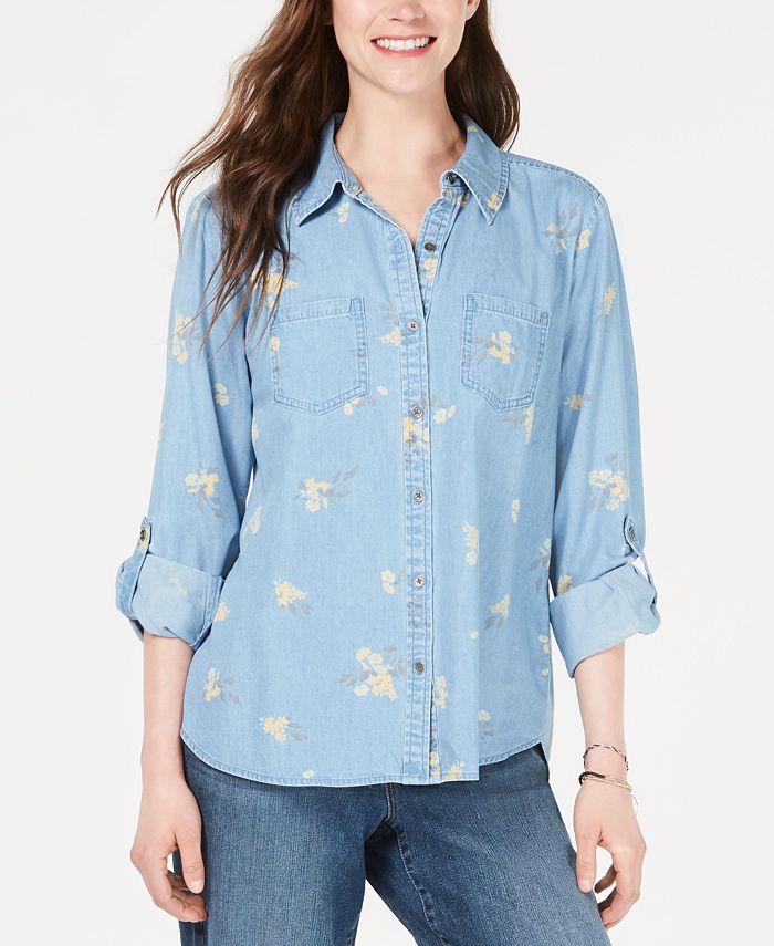 Blusa feminina estampada com estampa de flor de sol estilo &amp; co, azul, tamanho extragrande