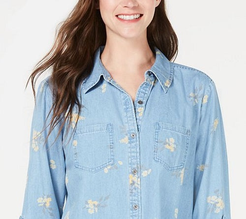 Blusa feminina estampada com estampa de flor de sol estilo &amp; co, azul, tamanho extragrande