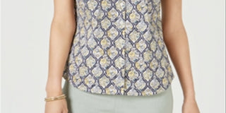 Charter Club Women's Printed Sleeveless Shirt Yellow/Dark Blue  Size 4