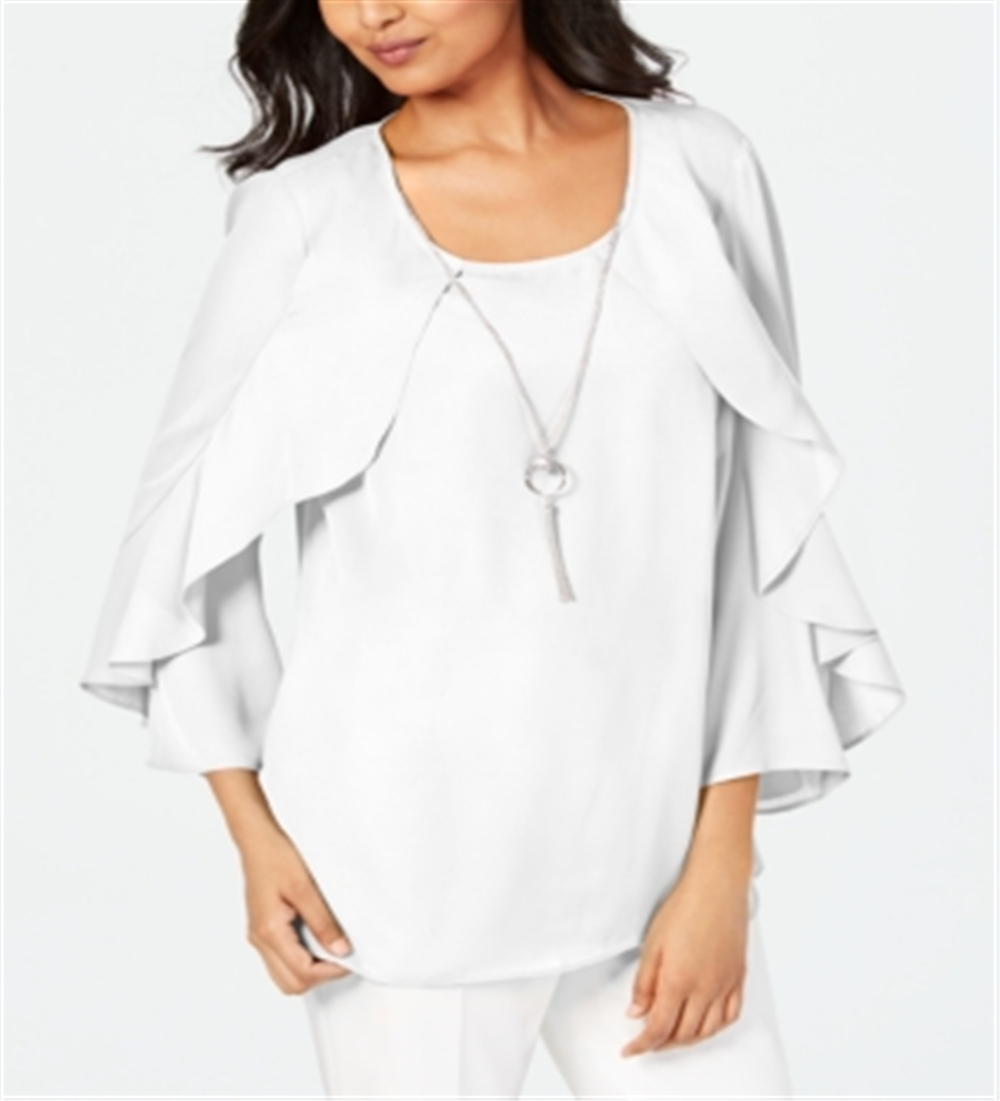 JM Collection Blusa Feminina com Babados e Colar Branco Tamanho Médio