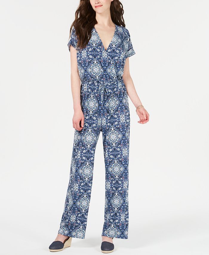 Macacão de malha estampado com decote em V feminino Style &amp; Co, azul, tamanho pequeno