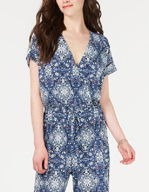 Macacão de malha estampado com decote em V feminino Style &amp; Co, azul, tamanho pequeno