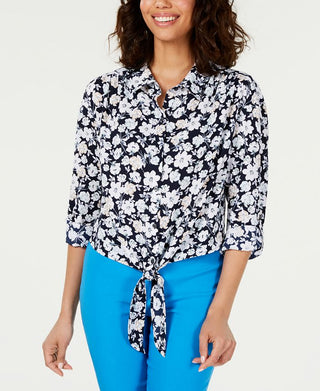 Blusa feminina floral com manga 3/4, azul, tamanho médio