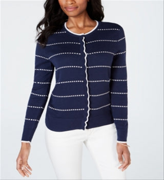 Charter Club Women's Printed Button Down Cardigan Stripe Blue Size Medium