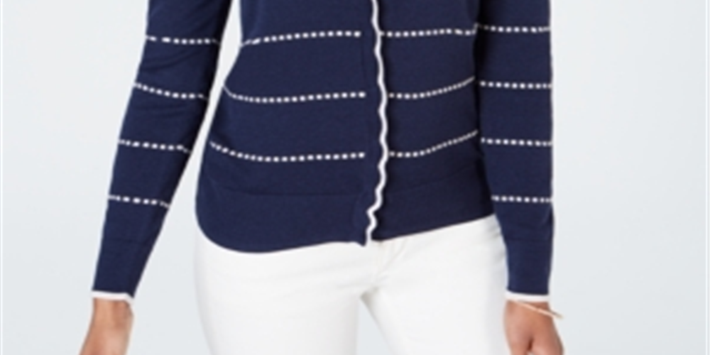 Cardigan feminino estampado com botões Charter Club, listrado, azul, tamanho médio