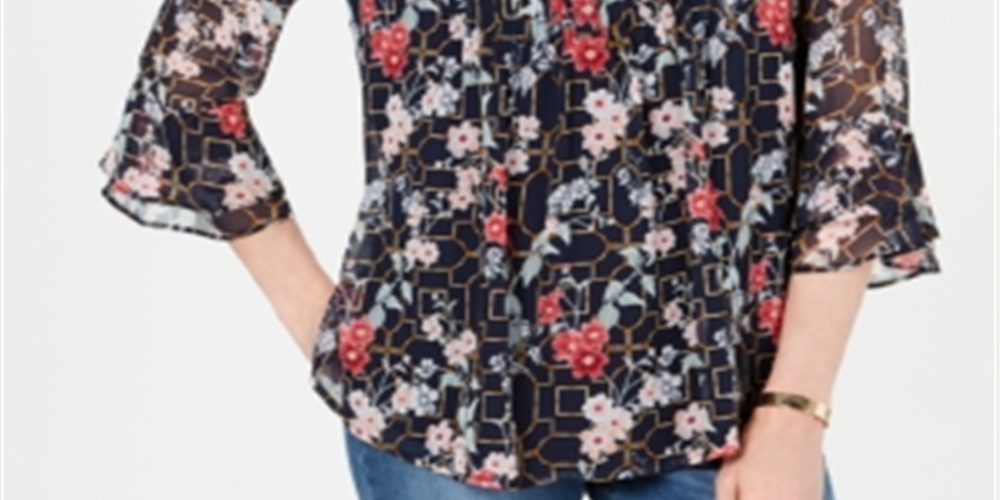 Charter Club Blusa Feminina Floral Pintuck Azul Tamanho X-G
