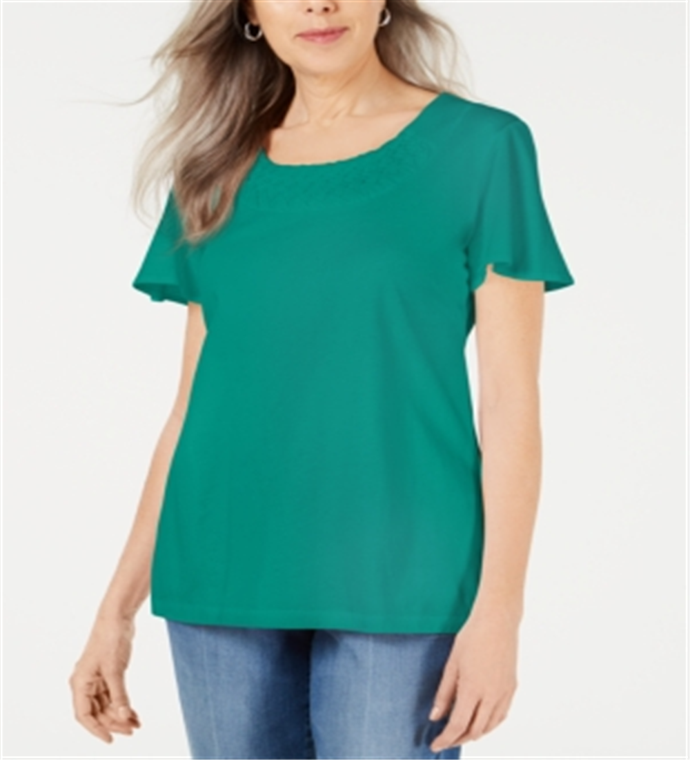 Camiseta feminina Karen Scott com gola trançada, verde, tamanho X-S