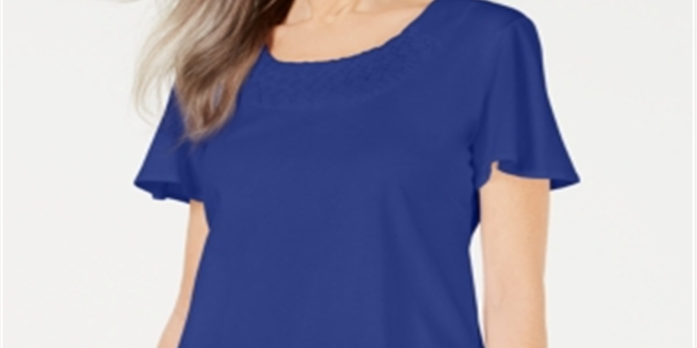 Camiseta feminina Karen Scott com gola trançada, azul, tamanho X-S